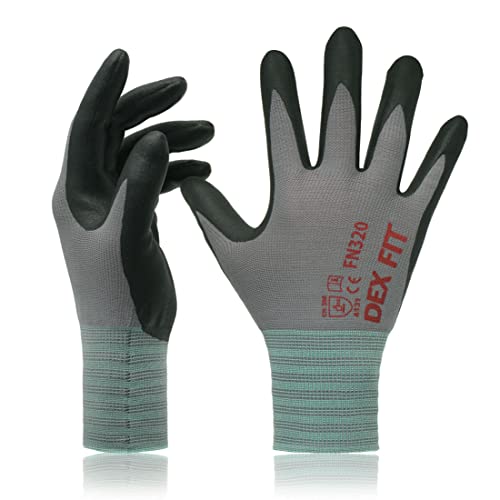 Image of DEX FIT Nitrile Work Gloves FN320, 3D Comfort Stretch Fit, Power Grip, Durable Foam Coated, Thin & Lightweight Premium Nylon, Machine Washable, Grey 8 (M) 3 Pairs
