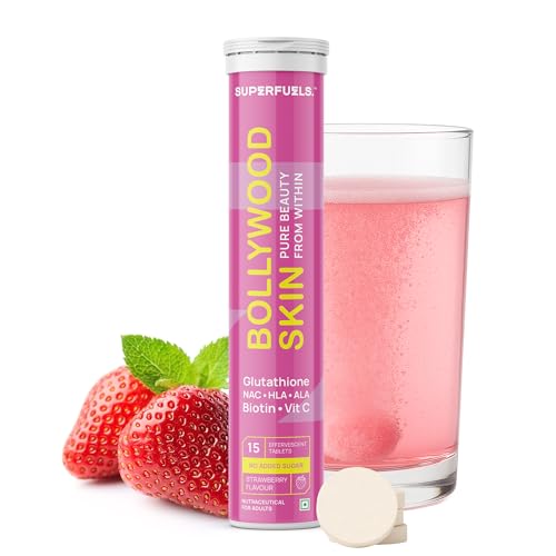 Image of SUPERFUELS Bollywood Skin 500mg L Glutathione Tablets with HLA & ALA | Glowing Skin & Hair | Vitamin C, E, NAC & Biotin | Strawberry Flavor | No Added Sugar | 15 Effervescent Tablets