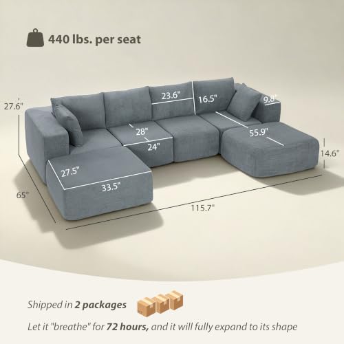 Image of HOMCOM 116 inch Modular Sectional Sofa 4 Seat Boneless U Shape Dark Gray