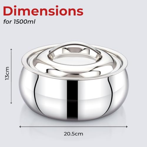 Image of AVIAS Onyx Press Type Stainless Steel 1500ml Casserole | Double Walled PUF Insulated Roti & Chapati Hot Box for Kitchen | Hot case for Rice & Gravy | 1.5L