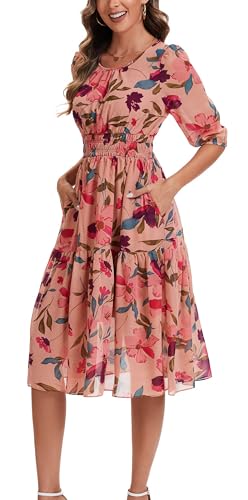 Image of Kormei Women Casual Boho Floral Round Neck 3 /4 Sleeve Smocked Waist Tiered A Line Flowy Swing Midi Dress Long Dresses