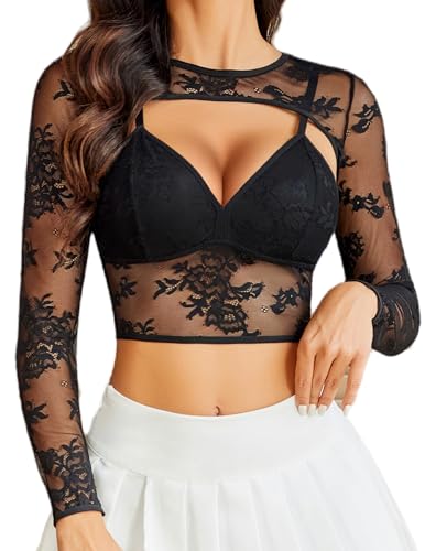 Avidlove Lace Crop Top for Women Long Sleeve Mesh Top 2 Piece Clubwear Sexy Rave Outfits Festival Top