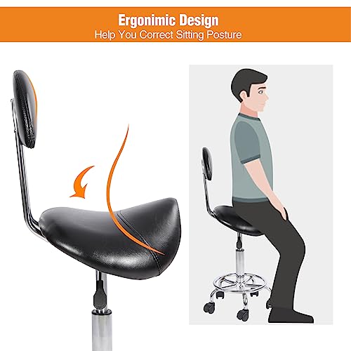 Alapur Rolling Saddle Stool With Back Support,Ergonomic Swivel Saddel Chair Hydraulic Adjustable Stool For Dentist Spa Massage Salon Hairdressers,Black #TOP5