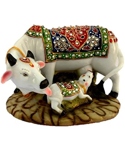 ANAWARIYAS Decorative Marble Dust/Polyresin Kamdhenu Cow and Calf Big Statue | Vastu Gau MATA Idol | Spiritual Vastu Nandi Pooja Figurine Sculpture for Home and Office, 1 Piece Decorative Showpiece
