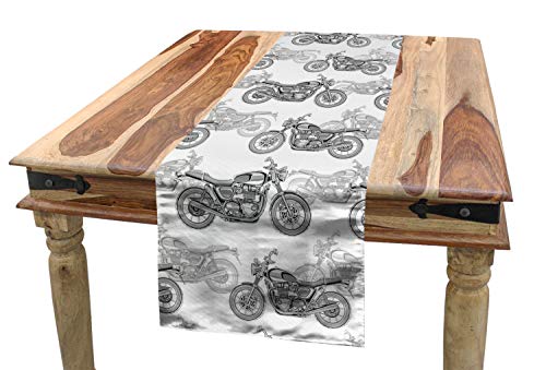 ABAKUHAUS Motorrad Tischläufer, Details in Graustufen, Esszimmer Küche Rechteckiger Dekorativer Tischläufer, 40 x 300 cm, Weiß Schwarz Grau