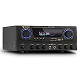 Conexiones: 1 x Puerto USB, 1 x ranura para tarjeta SD/MMC/MS, 2 x entrada Jack de micrófono 6,3mm, 2 x entrada RCA estéreo de audio, 2 x salida RCA stéreo de línea,  2 x conector para altavoz  | Potencia: máx 2 x 30 Watt @ 8 Ohm | Respuesta de frecuencia: 20 Hz - 20 kHz