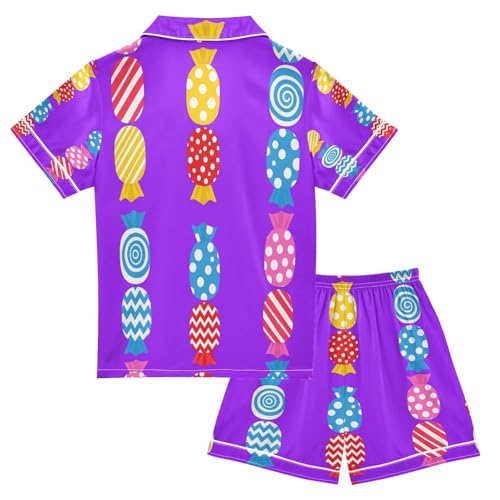 Satin Pajama Sets Short Sleeve Candy Bright Colorful Button Down Silky Nightwear 2 Piece PJS 5-14Y2