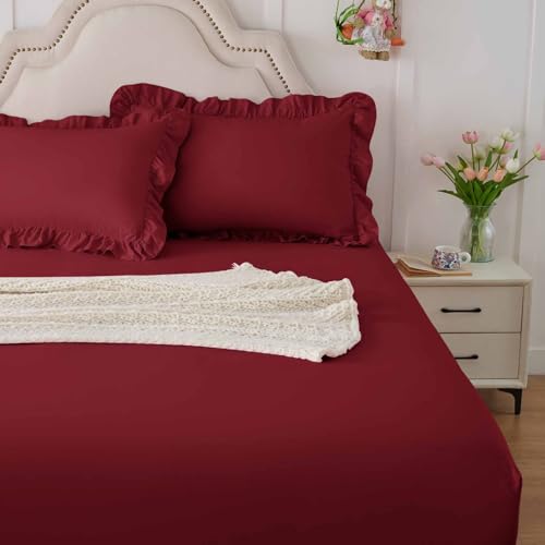 Image of Homiest 3-Pieces Ruffle Pillow Case & Fitted Sheet Set, Burgundy King Sheets with 2 Ruffled Pillow Shams, 15 Inch Deep Pocket, Cute & Coquette Microfiber Bed Set for Decorating Bedroom Hotel