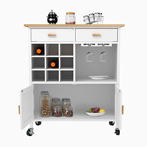 mecor Kitchen Utility Island Cart w/Wood Top, Rolling Trolley Cart on Wheels with Storage Drawer, Wine Racks and Cabinet for Kitchen Dining Room(White)