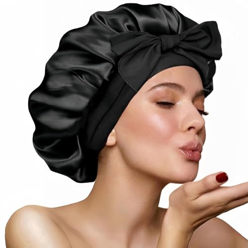 1 Stück Schlafmütze Satin Bonnet seidenhaube zum schlafen Nacht Schlaf Mütze Verstellbare Schlafkappe Kopfbedeckung Weiche Kopfhaube Schlafhaube Seide mit Gummizug für Damen und Mädchen(Schwarz)