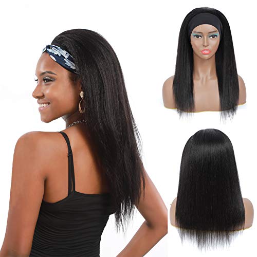 Headband Wig For Black Women Curly Yaki Straight Human Hair Blend Wigs None Lace Front Wigs Silky Machine Made Wig Glueless Natural Color Costume Wigs 150% Density 16 Inches