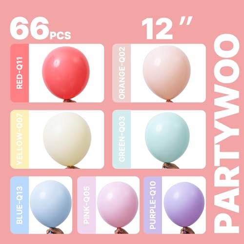 Image of PartyWoo Pastel Balloons 66pcs 12 Inch Pastel Rainbow Latex Balloons for Baby Shower Gender Reveal Engagement Bachelorette Easter Bridal Shower Anniversary Retirement Birthday Party Decorations