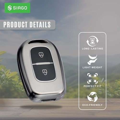 Image of SIAGO Premium TPU Car Key Cover and Metal Keychain Compatible with Renault Kwid Duster Kiger Triber 2 Button Flip Key (Grey)