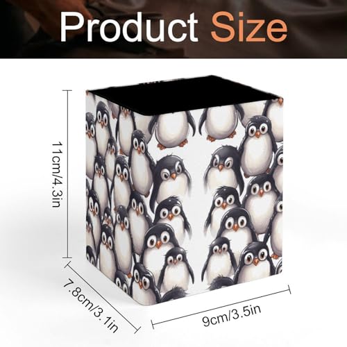 LKHDS Cute Baby Penguins Sketch Leather Square Pens Pencils Holder Cup Personalized Office Desk Pen Holder Makeup Brush Holder Desktop Organizer Storage Case Stationery for Home Office Supplies - Image 3