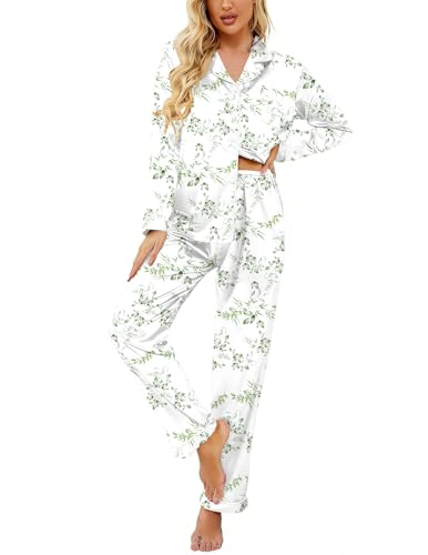 Image of Ekouaer Women's Classic Button Down Long Satin Silk Pajama Set
