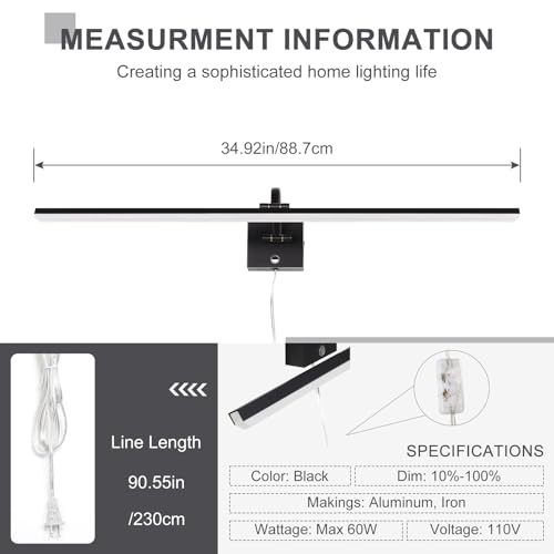 Image of Plug in Bathroom Vanity Light Picture Light Vanity Lights for Bathroom LED Bar 35 inch 6000K 16W Touch Dimming Matte Black Wall Sconce for Living Room, Bedroom, Hallway, Cabinet & Porch