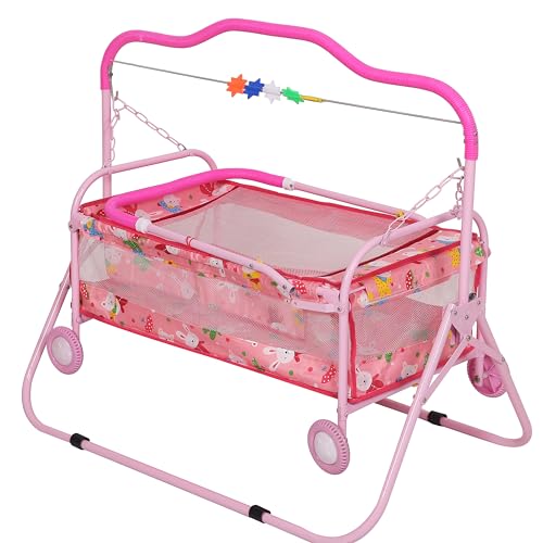 FLIPZON Premium New Born Baby Cradle, baggi/palna with Swing & Mosquito Net | 0-13 Months | with 4 Wheels | Foldable | Sturdy & Safe | Polypropylene/M