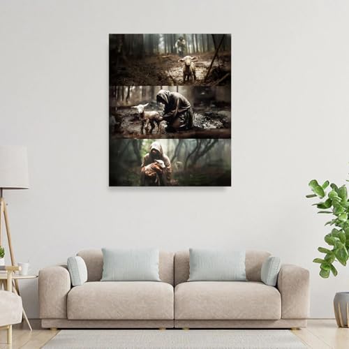 Image of Jesus with Lamb Christian Canvas Wall Art, Shepherd's Rescue Religious Canvas Print, Gallery Wrapped Ready to Hang Fade Resistant Faith Decor for Living Room Bedroom Prayer Room Church