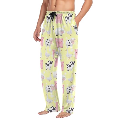 Men’s Cartoon Farm Animals Pajama Pants with Pockets, Comfortable Lounge Sleep Bottoms#734