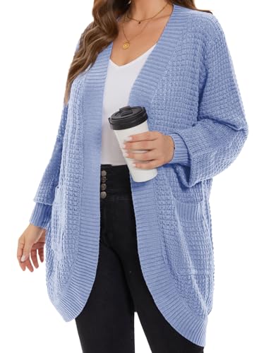 Image of MONNURO Womens Plus Size Open Front Cardigan Waffle Knit Long Sleeve Sweaters Tops Fall Coat Outerwear with Pockets