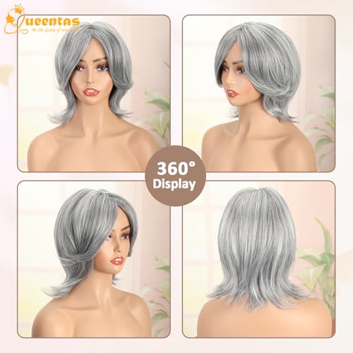 Image of 12 IN Black Mixed Grey Silver Layered Wig for Women with Curtain Bangs