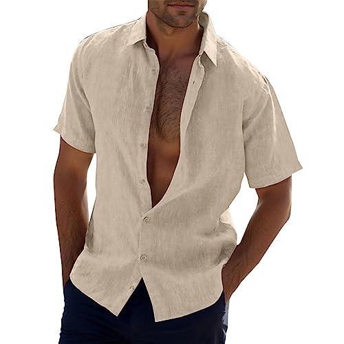 Camisa de manga corta para hombre, monocolor, con botones, cuello de camisa, ligera, transpirable, de lino, suave, cómoda, camisa de verano, informal, vacaciones, uso diario, playa, viajes, tiempo