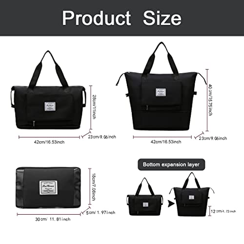 Expandable Space Weekender Bag Waterproof Large Capacity Folding Travel Duffel Bag Lightweight Dry And Wet Separation Tote Black, One Size #TOP2