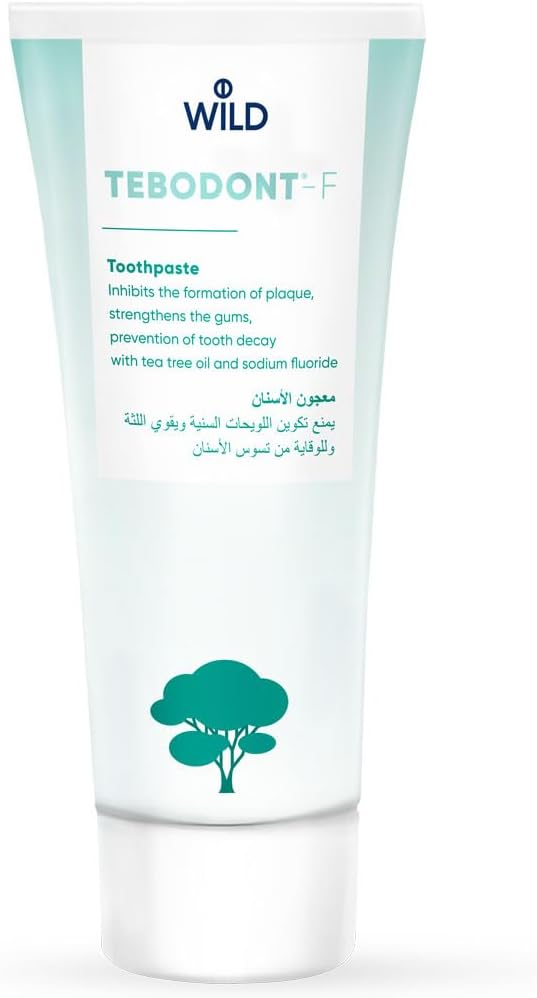 F toothpaste, inhibits plaque formation and helps with irritation of the gums and oral mucosa. Contains tea tree oil and fluoride to prevent caries.