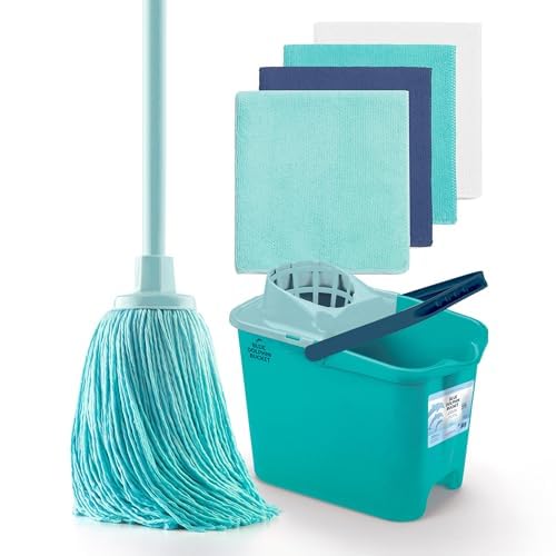 BLUE DOLPHIN - Wischmopp und Eimer mit Wringer + 4er-Pack Tücher aus 100% recycelter Mikrofaser, nachhaltiges Haushaltsreinigungsset, Wischmopp mit Putzeimer, Bodenreinigung, für alle Oberflächen geei