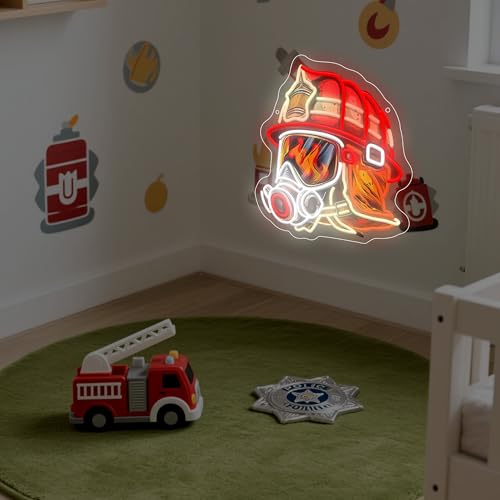 Image of Fire fighter Helmet LED Neon Sign USB Powered for Wall Decor,True Hero Firefighting Neon Night Light Sign Dimmable for Man Cave Room Party Decor, Firefighter Gifts for Men