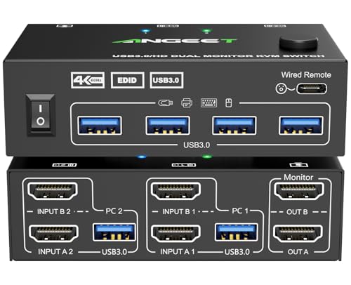 Image of HDMI KVM Switch 2 Monitors 2 Computers 4K@60Hz 2K@144Hz, EDID Simulation, ANGEET Dual Monitor KVM Switch with 4 USB 3.0 Port for Keyboard Mouse, 2 Monitors KVM Switches with Wired Remote and USB Cable