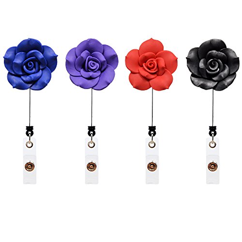 Qinsuee Soft Ceramic Flower Retractable ID/Name Badge Holder with Alligator Clip, 24 inch Retractable Cord, 4 Pack (DarkColor)
