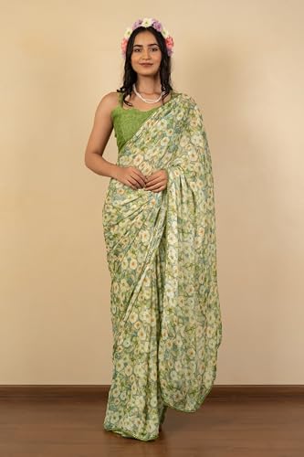 Image of MIRCHI FASHION Women Saree Floral Print Chiffon | Lightweight Festive Occasion Sari for Farewell and Functions with Unstitched Blouse Piece
