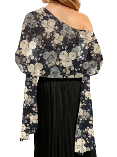 Damen Chiffon Wraps Schals und Tücher für Abendkleid Elegante Hochzeit Cover Up,Schwarz Blume Weiß
