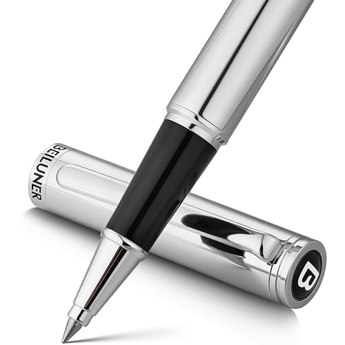 BEILUNER Luxury Silver Rollerball Pen, Stunning Bright Silver Chrome Finish,Noble and Elegant Designs,Schneider Ink Refill, Best Gift Pen for Men & Women, Professional, Executive Office, Fan