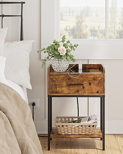 oiiokuku Nightstand,Night Stand with Charging Station,2-Tier Bedside Table with Drawer and Shelf,End Table,Small End Side Table for Bedroom,Living Room,Easy Assembly,Rustic Brown