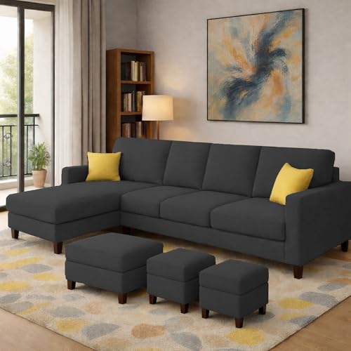 Image of Casaliving Rolando Seater L Shape Sofa Set for Living Room Left Side (Black, 6 Seater with Ottomon - LHS)