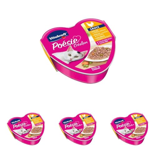 Vitakraft Poésie Création, Pollo y Verduras de la Huerta, en Salsa, Comida húmeda para Gatos Adultos, sin azúcares ni Cereales añadidos (1x85g) (Paquete de 4)