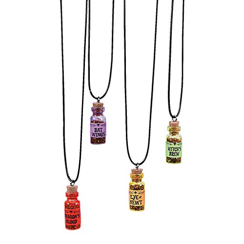 Fun Express Halloween Witch Potion Necklaces (set of 12) Dragon Blood, Bats wings, Witches Brew and more