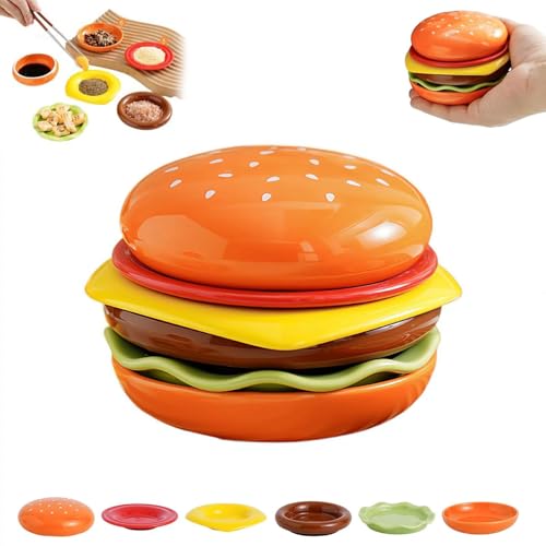 Cikiki Hamburger Plate Set,Stackable Burger Shape 6-Layer Mini Plate Plates,Cute Ceramic Hamburger Bowls and Plates for Sauce,Sushi Dip,Appetizer,Biscuit Dessert