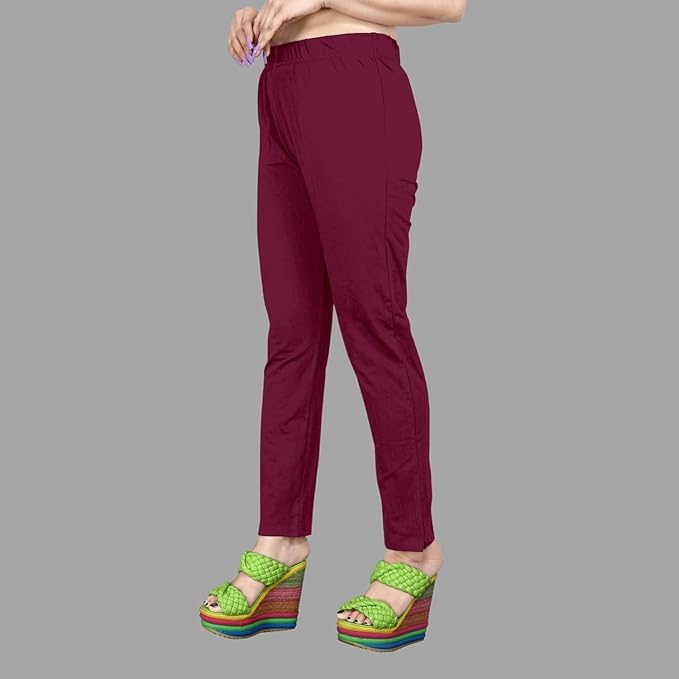 Image of Women's Solid Cotton Lycra Pants-High Waist Slim Fit Stretchable Leggings - Comfortable Long Trousers for Casual, Office & Everyday Wear