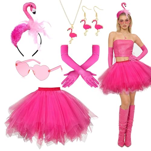Moizkna Flamingo Kostüm Damen – Pinkes Flamingo Kostüm, faschingskostüme damen flamingo für Erwachsene mit Tüllrock, Herz-Brille &...
