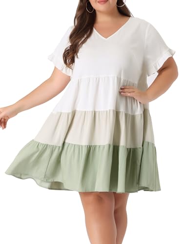 Image of Agnes Orinda Women's Plus Size Babydoll Ruffle Short Sleeve Casual Loose Flowy Swing Hem Chambray V Neck Mini Dress