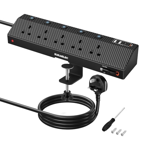 SURAIELEC Desk Extension Lead with PD20W USB-C Cable 5 Way Desk Power Socket with Clamp and Individual Switches 2M Desktop Power Strip with Surge Protection for Home and Office