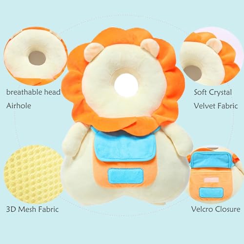 Image of Baby Head Protector Backpack, Toddler Baby Head Protection Backpack with Baby Knee Pads Alarm Function for Walking & Crawling, Soft, Breathable and Wearing Safety Baby Head Protector - White Lion