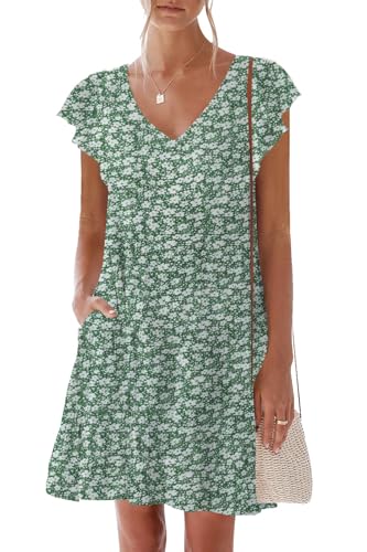 Image of nclook Womens Summer Casual Dresses Sweet Cute V Neck Mini Dress with Pockets Ruffle Short Sleeve
