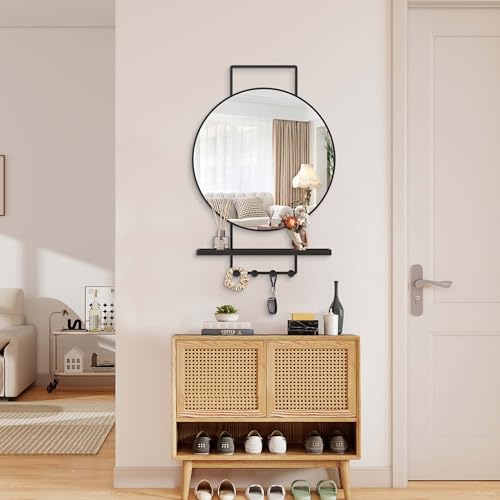 Image of BEAUTME Wall Mirror with Shelf and Hooks, 32x22 Inch Metal Framed Round Bathroom Mirrors with Shelf, Modern Farmhouse Wall Decor for Living Room Bedroom Entryway, Vertical (Black)
