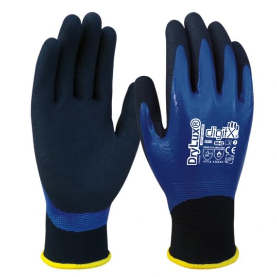 12 pares de Guante nitrilo bicapa azul granulado impermeable Digitx Drylux Coated