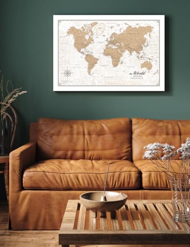 Image of IPIC - Vintage World Map Canvas Wall Art, Travel Map Print for Home, Office, or Study, Push Pin Wall Decor for Travel Lovers, Ready to Hang