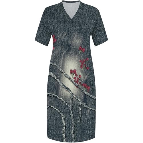 Image of SUZONANA Plus Size Denim Print Shirt Maxi Dresses for Curvy Women Casual Blue Jean Summer Outfits Long Short Sleeve Dress with Pockets Patchwork 5XL
